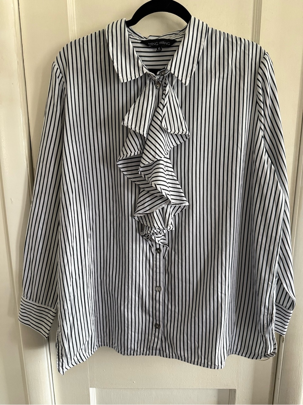 Ming Wang | Tanya Foster XL Black White Stripe Ruffle Collar Button Up Blouse - Picture 2 of 6